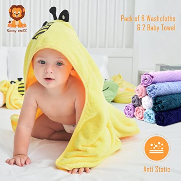 Sunny zzzZZ Baby Hooded Bath Towel and Washcloth Sets, Baby Essentials for Newborn Boy Girl, Baby Shower Towel Gifts for Infant and Toddler - 2 Towel and 8 Washcloths - Yellow Bee and Grey Elephant - Image 7