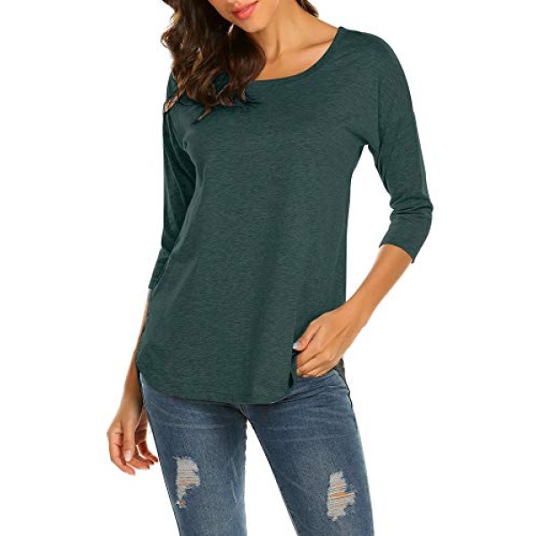 Sherosa Women's Casual 3/4 Sleeve Loose Tunic Tops Scoop Neck T-Shirt (L, Dark Green) - Image 5