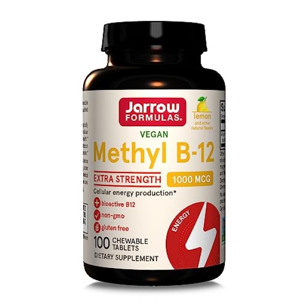 Jarrow Formulas Extra Strength Methyl B-12 1000 mcg - Dietary Supplement - 100 Lemon Flavored Chewable Tablets - Bioactive Vitamin B-12 - Supports Cellular Energy Production, Sleep & Brain Health