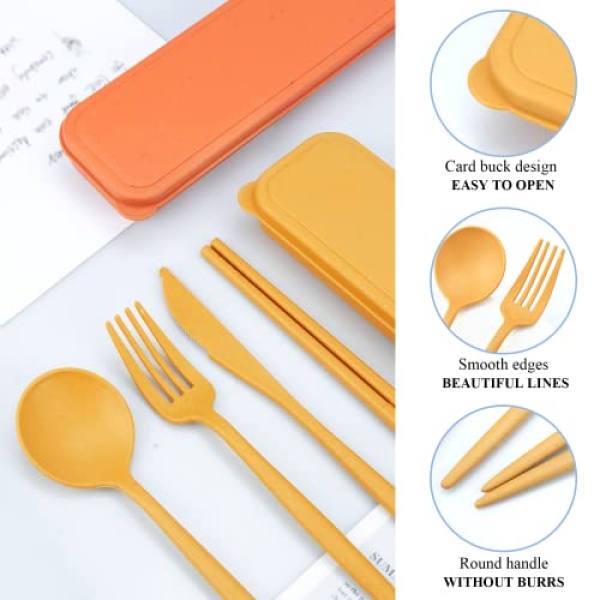 DISSKNIC Reusable Travel Utensils with Case, 4 Sets Wheat Straw Portable Cutlery Set Chopsticks Knives Fork and Spoon for Lunch Box Accessories, Camping Flatware Sets for Daily Use or Outdoor - Image 3