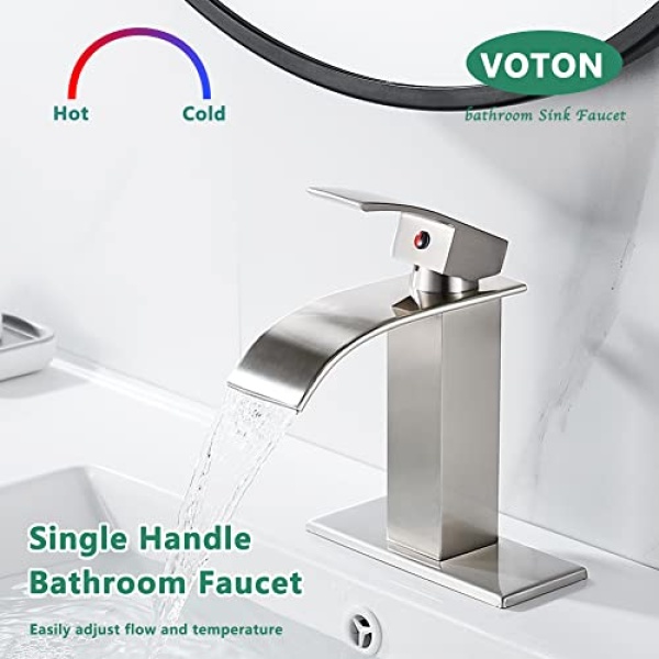 VOTON Waterfall Spout Single Handle Bathroom Faucet Brushed Nickel Commercial Modern Lavatory Tap with Pop-up Drain - Image 4