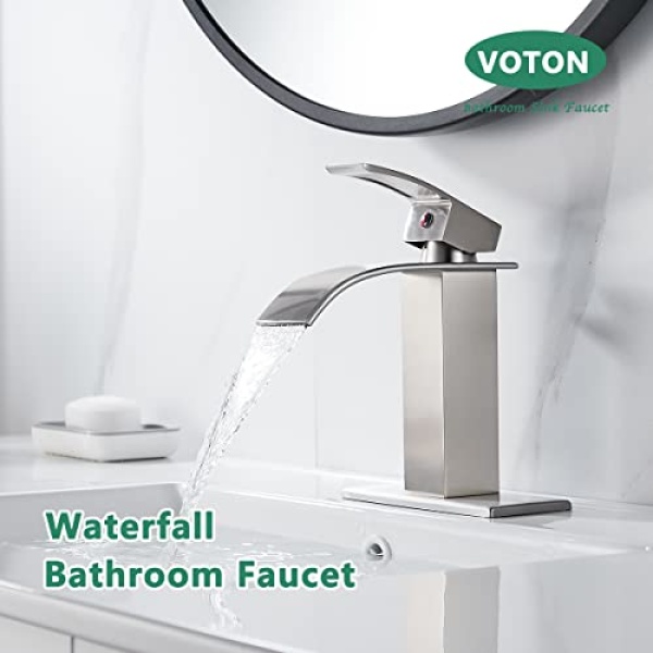 VOTON Waterfall Spout Single Handle Bathroom Faucet Brushed Nickel Commercial Modern Lavatory Tap with Pop-up Drain - Image 5