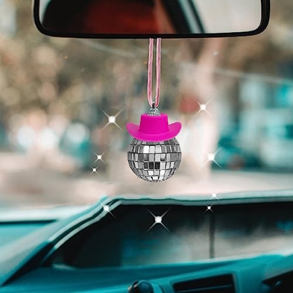 SPANSEE Pink Disco Ball Car Accessory,Disco Mirror Ornament,Disco Cowboy Hat Accessory,Car Ball,Disco Charm,Disco for Car,Cute Accessories