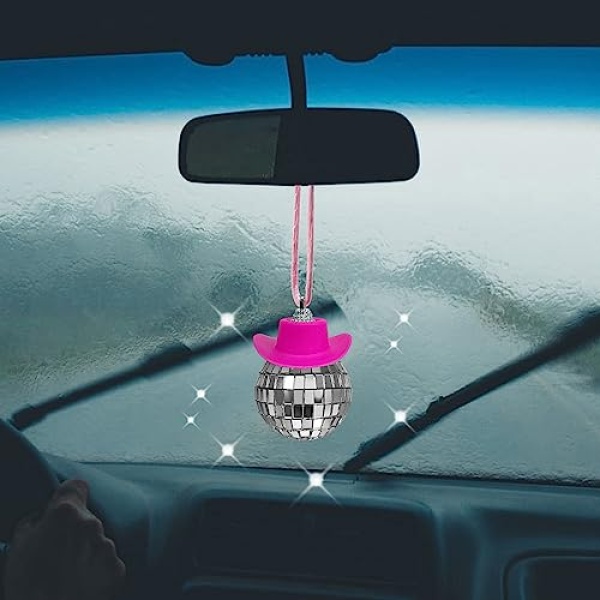 SPANSEE Pink Disco Ball Car Accessory,Disco Mirror Ornament,Disco Cowboy Hat Accessory,Car Ball,Disco Charm,Disco for Car,Cute Accessories - Image 3