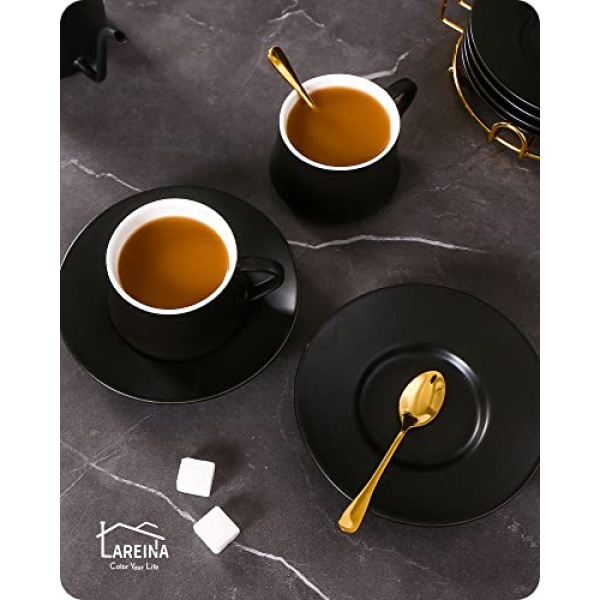 Lareina Porcelain Cappuccino Cups with Saucers, Spoons and Cup Stand - 7 Ounce Ceramic Coffee Cups for Americano, Latte, Cafe Mocha and Tea - Set of 6, Black - Image 5