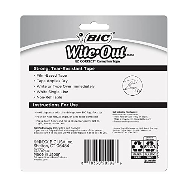 BIC Wite-Out Brand EZ Correct Correction Tape, 39.3 Feet, 2-Count Pack of white Correction Tape, Fast, Clean and Easy to Use Tear-Resistant Tape Office or School Supplies - Image 8