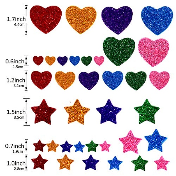 260 Pieces Colorful Glitter Foam Stickers Self Adhesive Stars Mini Heart Shapes Glitter Stickers, Kid's Arts Craft Supplies Greeting Cards Home Decoration Stars&Heart Shapes - Image 3