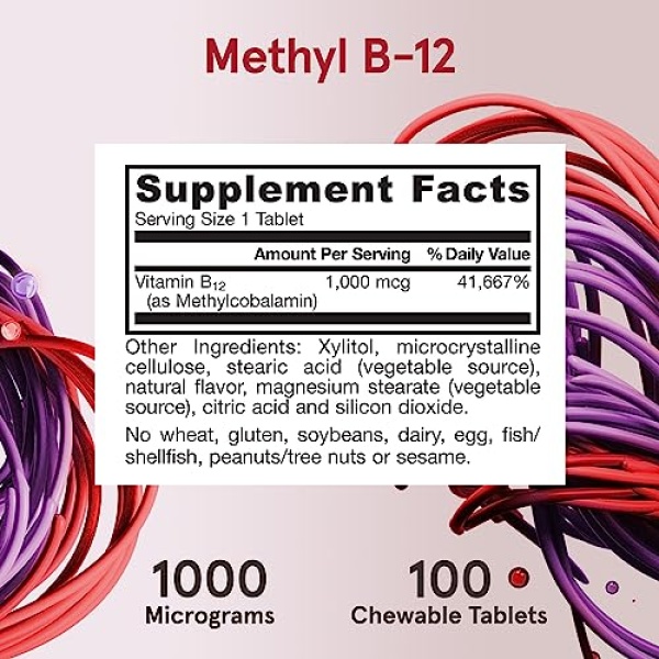 Jarrow Formulas Extra Strength Methyl B-12 1000 mcg - Dietary Supplement - 100 Lemon Flavored Chewable Tablets - Bioactive Vitamin B-12 - Supports Cellular Energy Production, Sleep & Brain Health - Image 7