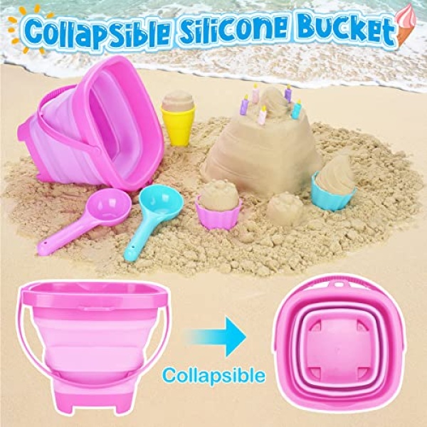 TSDATOWR Ice Cream Beach Toys Sand Toys Set for Kids, Collapsible Sand Bucket and Shovels Set with Mesh Bag, Sand Molds, Watering Can, Sandbox Toys for Kids and Toddlers, Travel Sand Toys for Beach - Image 7