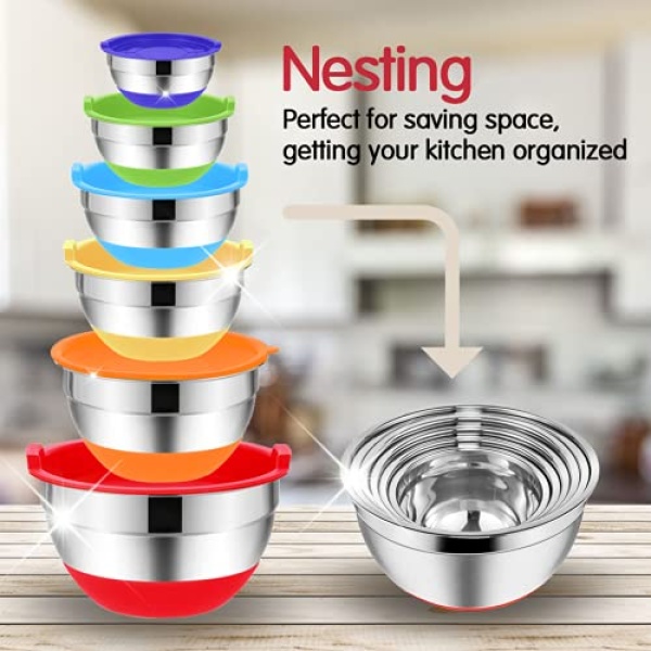 Mixing Bowls with Airtight Lids, 20PCS Stainless Steel Set, Nesting 3 Grater Attachments & Non-Slip Bottoms, Size7, 4, 3, 2, 1.5, 1QT for Baking&Prepping - Image 5