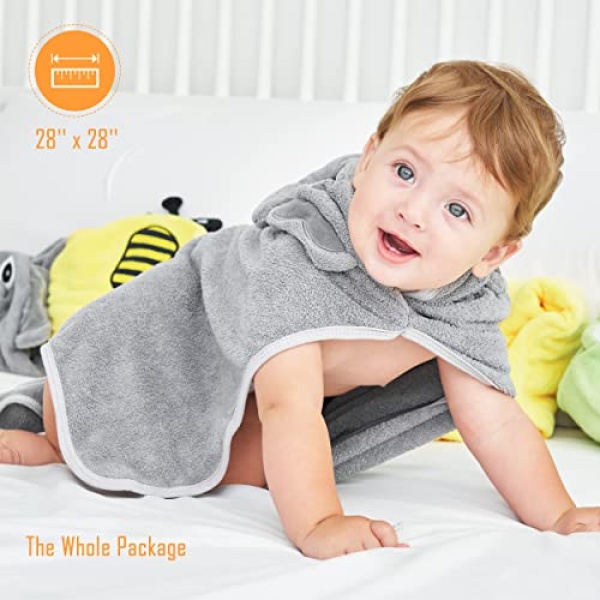 Sunny zzzZZ Baby Hooded Bath Towel and Washcloth Sets, Baby Essentials for Newborn Boy Girl, Baby Shower Towel Gifts for Infant and Toddler - 2 Towel and 8 Washcloths - Yellow Bee and Grey Elephant - Image 2