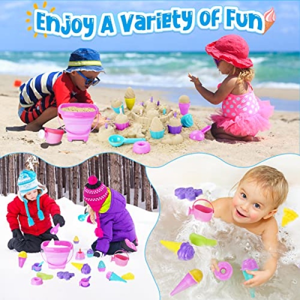 TSDATOWR Ice Cream Beach Toys Sand Toys Set for Kids, Collapsible Sand Bucket and Shovels Set with Mesh Bag, Sand Molds, Watering Can, Sandbox Toys for Kids and Toddlers, Travel Sand Toys for Beach - Image 3