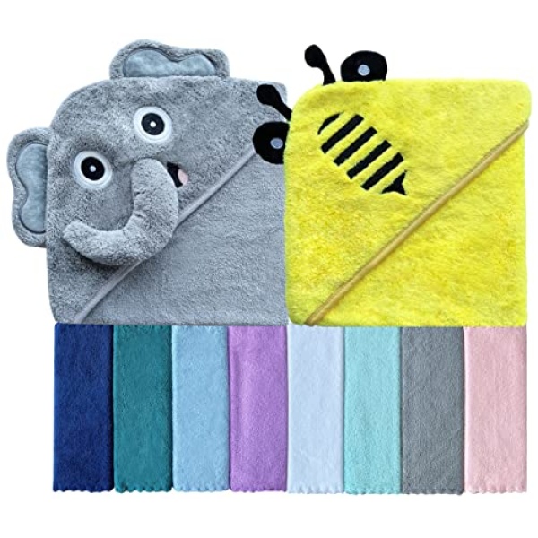 Sunny zzzZZ Baby Hooded Bath Towel and Washcloth Sets, Baby Essentials for Newborn Boy Girl, Baby Shower Towel Gifts for Infant and Toddler - 2 Towel and 8 Washcloths - Yellow Bee and Grey Elephant