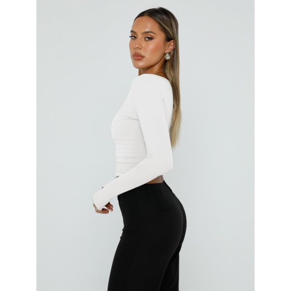 Trendy Queen Womens Long Sleeve Shirts 2024 Basic Crop Tops Fashion Slims Fitted Y2k Workout Clothes Square Neck Going Out Spring Outfits White - Image 5