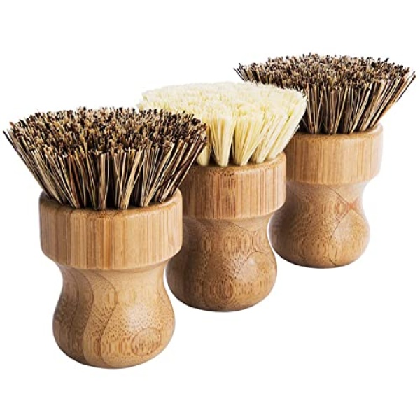 Palm Pot Brush- Bamboo Round 3 Packs Mini Dish Brush Natural Scrub Brush Durable Scrubber Cleaning Kit with Union Fiber and Tampico Fiber for Cleaning Pots, Pans and Vegetables - Image 4