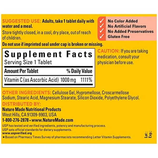 Nature Made Extra Strength Vitamin C 1000 mg, Dietary Supplement for Immune Support, 100 Tablets, 100 Day Supply - Image 6