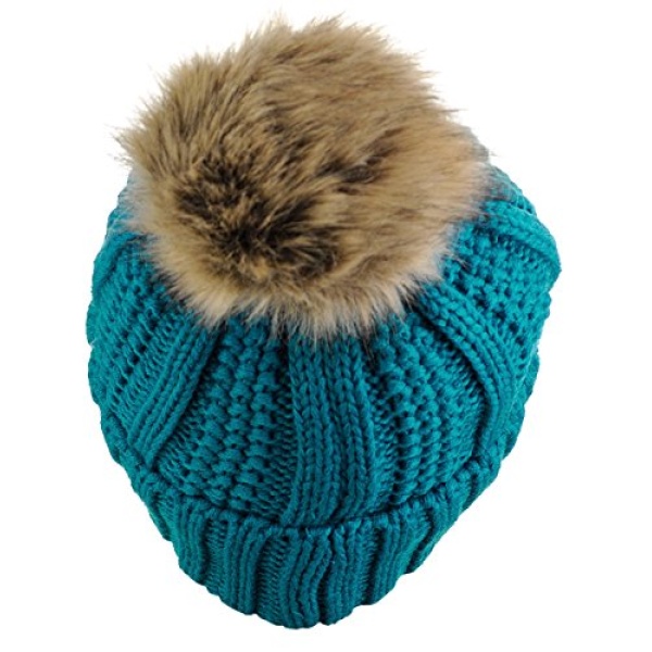 C.C Thick Cable Knit Faux Fuzzy Fur Pom Fleece Lined Skull Cap Cuff Beanie, Teal - Image 2