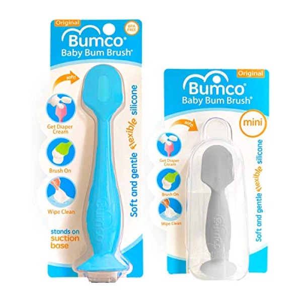 Bumco 2-Pack Diaper Cream Spatula - Full-Size + Mini Baby Bum Brush with Travel CASE - Diaper Cream Applicator for Baby - Baby Necessities - Suitable for Aquaphor, Desitin - Blue & Gray