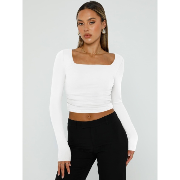 Trendy Queen Womens Long Sleeve Shirts 2024 Basic Crop Tops Fashion Slims Fitted Y2k Workout Clothes Square Neck Going Out Spring Outfits White - Image 6