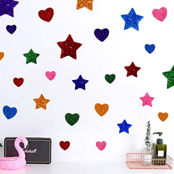 260 Pieces Colorful Glitter Foam Stickers Self Adhesive Stars Mini Heart Shapes Glitter Stickers, Kid's Arts Craft Supplies Greeting Cards Home Decoration Stars&Heart Shapes - Image 4