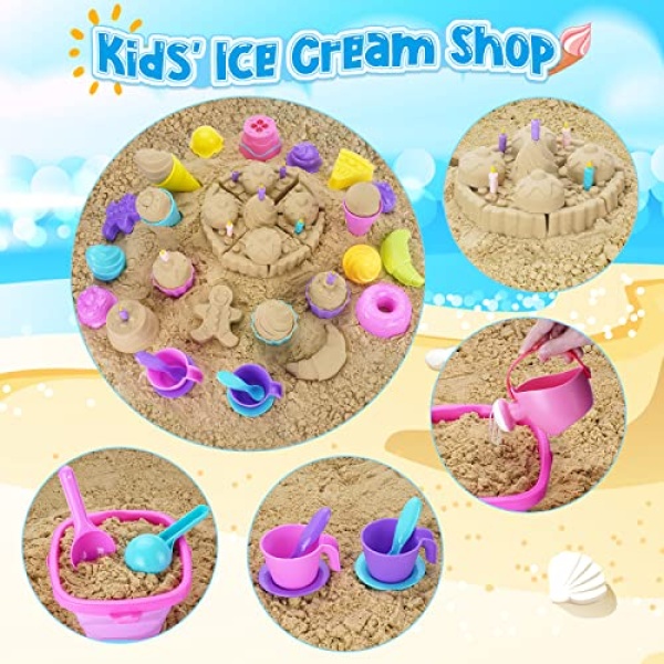 TSDATOWR Ice Cream Beach Toys Sand Toys Set for Kids, Collapsible Sand Bucket and Shovels Set with Mesh Bag, Sand Molds, Watering Can, Sandbox Toys for Kids and Toddlers, Travel Sand Toys for Beach - Image 4