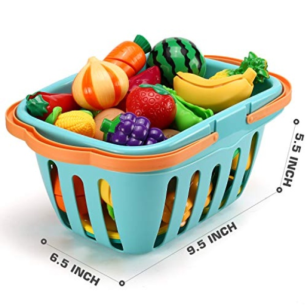 70 PCS Cutting Play Food Toy for Kids Kitchen, Pretend Fruit &Vegetables Accessories with Shopping Storage Basket, Plastic Mini Dishes and Knife, Educational Toy for Toddler Children Birthday Gift - Image 2