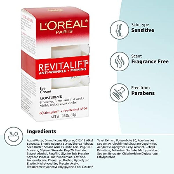 L'Oréal Paris Revitalift Anti-Wrinkle and Firming Eye Cream, Pro Retinol and Centella Asiatica, Reduce Dark Circles, Fragrance Free, 0.5 oz (Packaging may vary) - Image 2