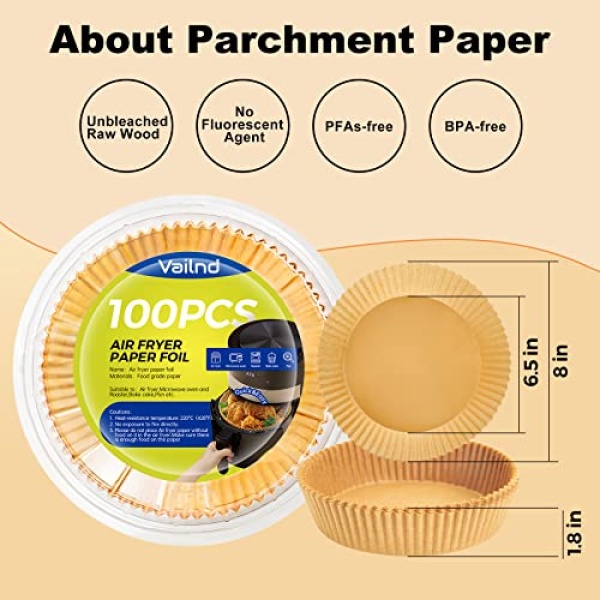 Air Fryer Paper Liners Disposable: 100pcs Oil Proof Parchment Sheets Round, Airfryer Paper Basket Bowl Liner for Baking Cooking Food - Image 6