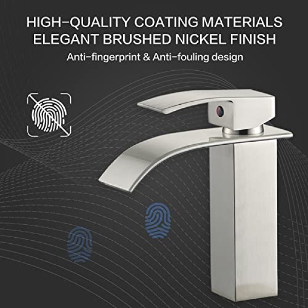 VOTON Waterfall Spout Single Handle Bathroom Faucet Brushed Nickel Commercial Modern Lavatory Tap with Pop-up Drain - Image 3