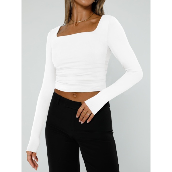 Trendy Queen Womens Long Sleeve Shirts 2024 Basic Crop Tops Fashion Slims Fitted Y2k Workout Clothes Square Neck Going Out Spring Outfits White - Image 3