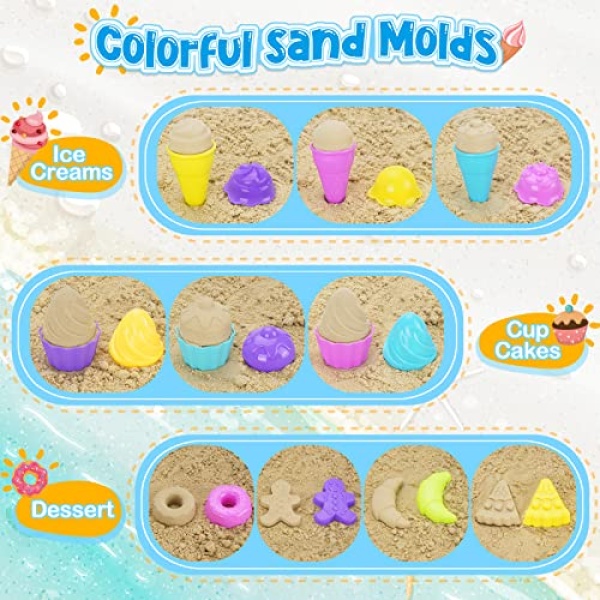 TSDATOWR Ice Cream Beach Toys Sand Toys Set for Kids, Collapsible Sand Bucket and Shovels Set with Mesh Bag, Sand Molds, Watering Can, Sandbox Toys for Kids and Toddlers, Travel Sand Toys for Beach - Image 5