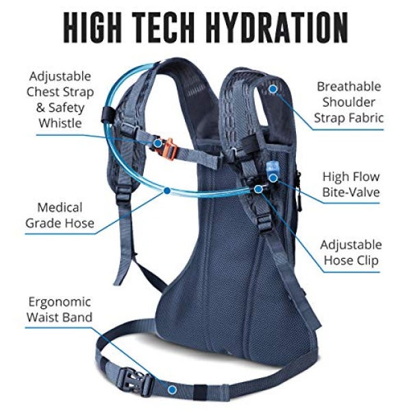 Vibrelli Hydration Pack & 2L Hydration Water Bladder - High Flow Bite Valve - Hydration Backpack with Storage - Lightweight Running Backpack, Also for Cycling, Hiking, Ski, Snow for Men, Women & Kids - Image 4