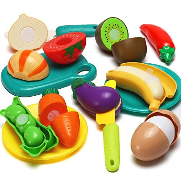 70 PCS Cutting Play Food Toy for Kids Kitchen, Pretend Fruit &Vegetables Accessories with Shopping Storage Basket, Plastic Mini Dishes and Knife, Educational Toy for Toddler Children Birthday Gift - Image 4