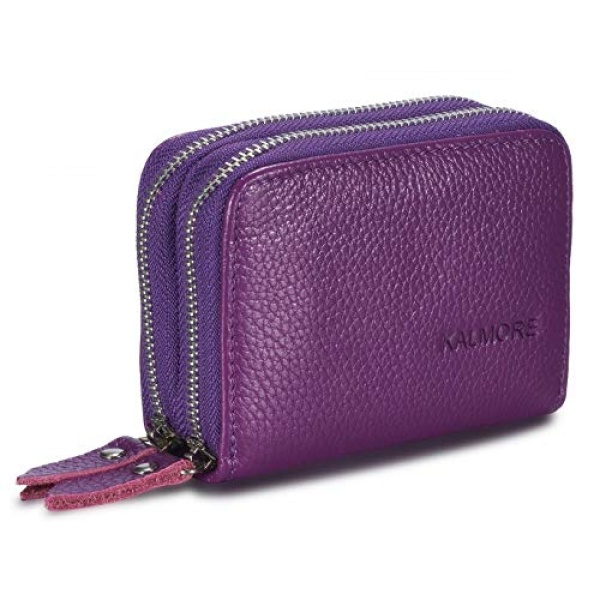 KALMORE Women's Leather RFID Secured Spacious Cute Card Wallet Small Purse, Purple, Two Zippers