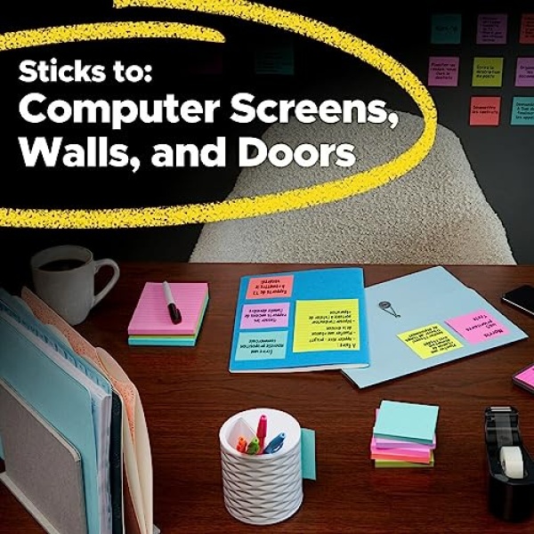 Post-it Super Sticky Notes, 24 Note Pads, 3x3 in., 2x the Sticking Power, School Supplies and Office Products, Sticky Notes for Vertical Surfaces, Monitors, Walls & Windows, Supernova Neons Collection - Image 5