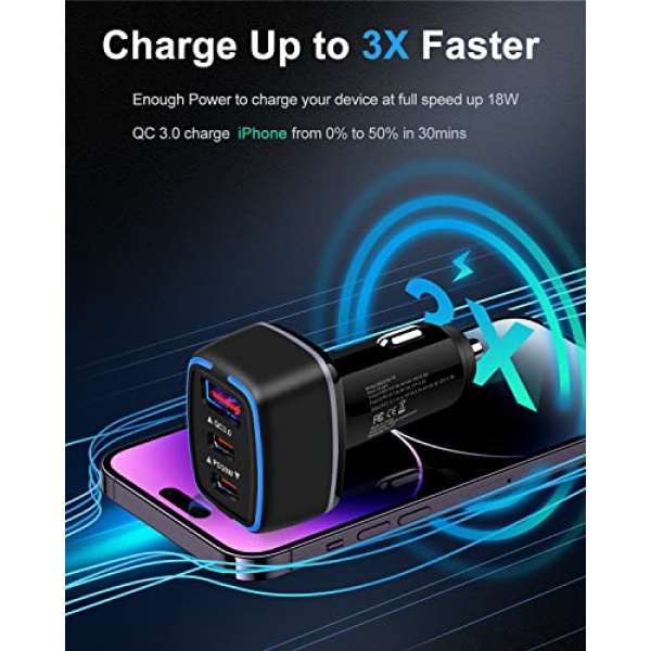 78W USB C Car Charger, Super Fast Charging Cigarette Lighter Adapter, 3 Port Power Delivery Auto Cargador for Samsung Galaxy S22 Ultra, Apple iPhone 14 Pro Max 13, iPad, Google Pixel, Kindle Fire, PS5 - Image 6