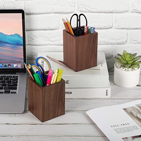 MaxGear Pen Holder for Desk Premium Walnut Pencil Holder Pen Cup Makeup Brush Holder Desk Accessories & Workspace Organizers for Home, School & Office - Image 2