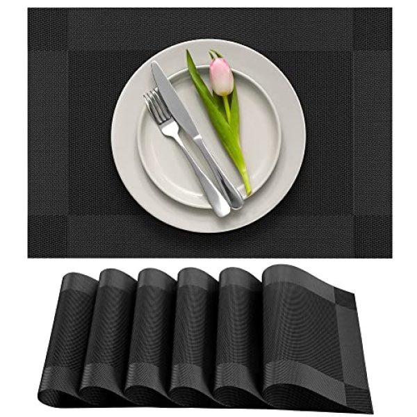 More Décor Dining Table Placemats, Washable Heat-Resistant PVC Vinyl Table Mats for Dining Room and Kitchen, Anti-Slip - Set of 6 -Black