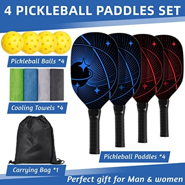 Pickleball Paddles, Pickleball Set with 4 Premium Wood Pickleball Paddles, 4 Pickleball Balls, 4 Cooling Towels & Carry Bag, Pickleball Rackets with Ergonomic Cushion Grip, Gifts for Men Women - Image 2