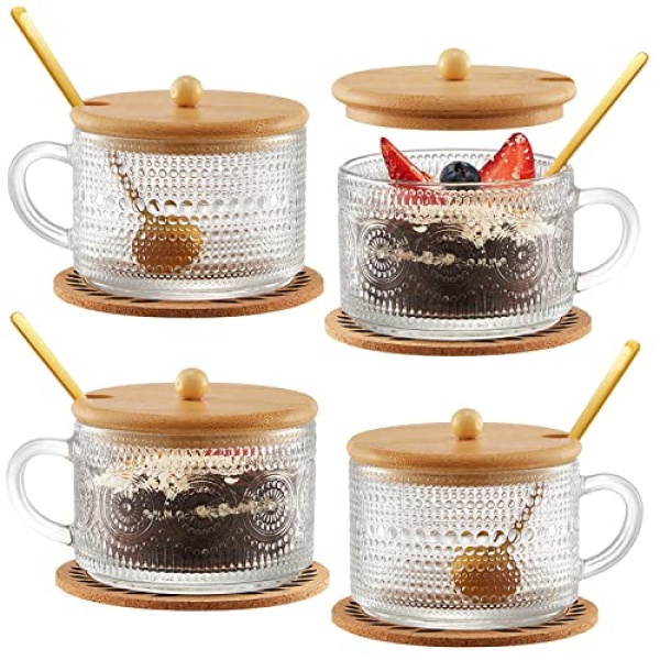 Tekuve Vintage Glass Coffee Mugs Set of 4, Clear Embossed Tea Cups, Coffee Bar Accessories, Iced Coffee Cups with Bamboo Lids and Spoons for Overnight Oats, Yogurt, Cappuccino, Latte(4T)