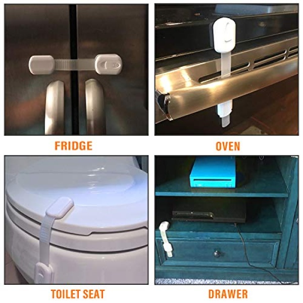 Child Safety Cabinet Locks - (10 Pack) Baby Proofing Latches to Drawer Door Fridge Oven Toilet Seat Kitchen Cupboard Appliance Trash Can with 3M Adhesive - Adjustable Strap No Drill No Tool - Image 7