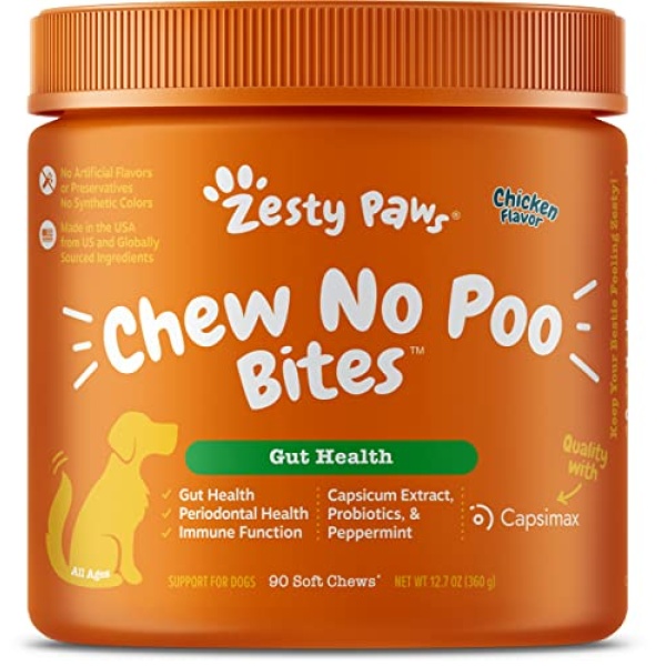 Zesty Paws Chew No Poo Bites - Coprophagia Stool Eating Deterrent for Dogs Deter Stop Dog from Eating Feces Probiotic Digestive Enzymes, Peppermint - Chicken Flavor, 90 Soft Chews