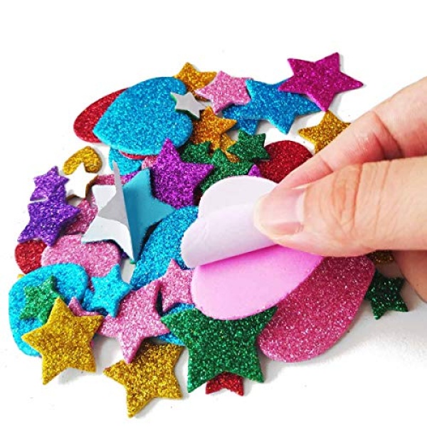 260 Pieces Colorful Glitter Foam Stickers Self Adhesive Stars Mini Heart Shapes Glitter Stickers, Kid's Arts Craft Supplies Greeting Cards Home Decoration Stars&Heart Shapes - Image 7