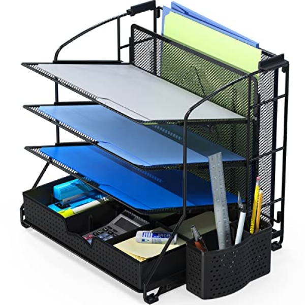 SimpleHouseware Desktop Document Tray Organizer with Sliding Drawer/Caddy/Hanging File Section, Black - Image 3