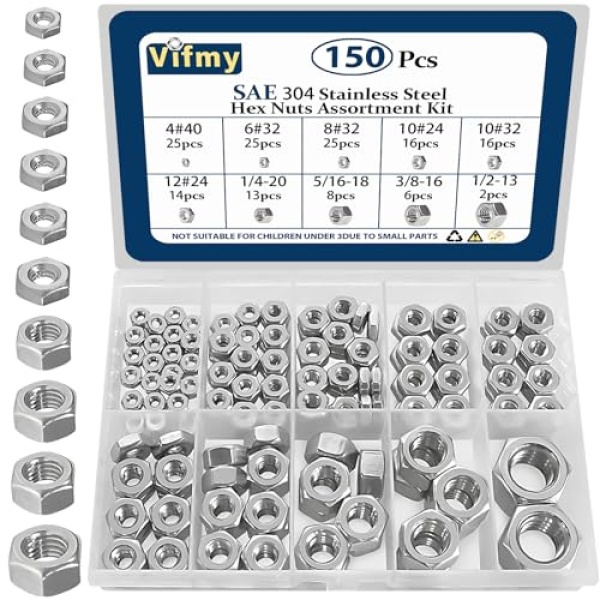 Vifmy 150pcs SAE Hex Nuts Assortment Kit,4#40 6#32 8#32 10#24 10#32 12#24 1/4-20 5/16-18 3/8-16 1/2-13 Hardware Nuts Sets,304 Stainless Steel