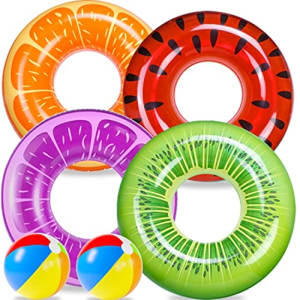 FindUWill 6 Pack Pool Floats Kids, Pool Swim Tubes Rings(4 Pack) - 4Pcs Inflatable Big Floaties Beach Swimming Toys with 2Pcs Beach Balls for Kids Adults Raft Floaties Toddlers