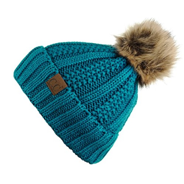 C.C Thick Cable Knit Faux Fuzzy Fur Pom Fleece Lined Skull Cap Cuff Beanie, Teal - Image 4