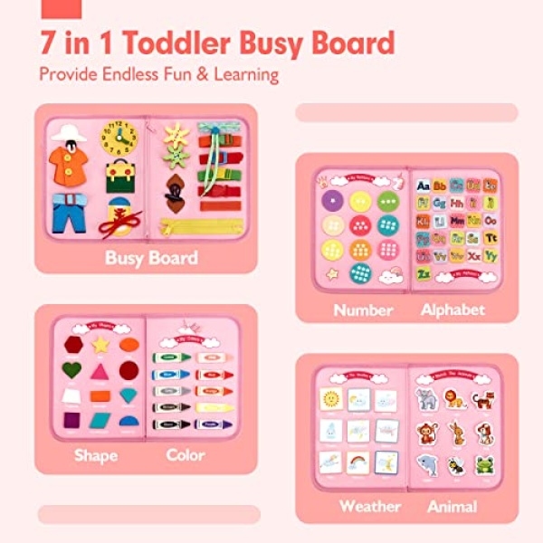 Busy Board for Toddlers Boys Girls Montessori Toys for 2 Year Old - 7 in 1 Preschool Learning Activities Toddler Travel Toys for Ages 2-4 with Life Skill, Alphabet, Number, Shape, Color,Animal,Weather - Image 8