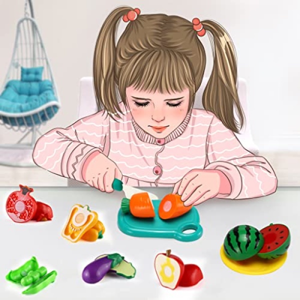 70 PCS Cutting Play Food Toy for Kids Kitchen, Pretend Fruit &Vegetables Accessories with Shopping Storage Basket, Plastic Mini Dishes and Knife, Educational Toy for Toddler Children Birthday Gift - Image 3