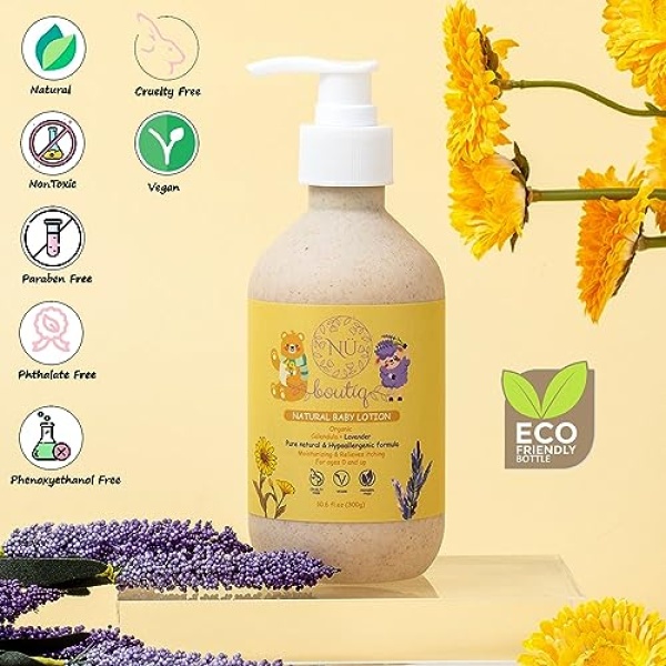 Nü Boutìq Organic Vegan Baby Lotion, Moisturizing and calming kids body lotion with Calendula & Lavender, newborns All Skin Types, New Biodegradable bottle(300g), 10.60 Fl Oz (Pack of 1) - Image 8